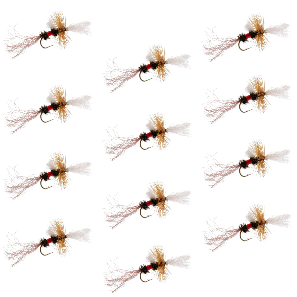 Set of 12 Royal Wulff Cripple Mayfly Caddis Emerger trout dry flies on hooks, size 16, by The Fly Fishing Place.
