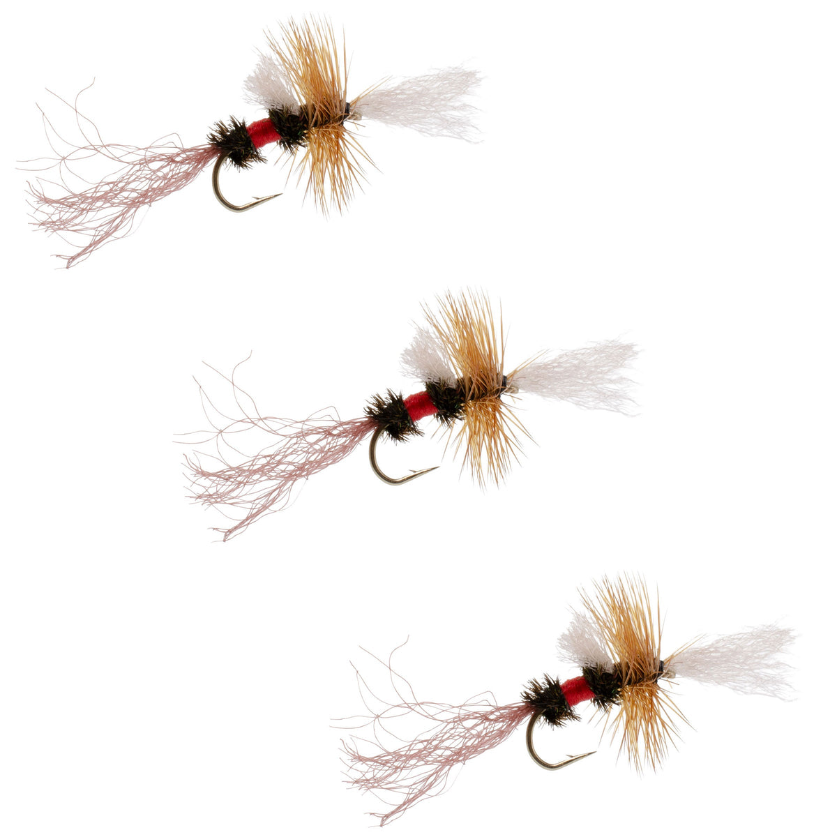 Three Royal Wulff Cripple Mayfly trout dry flies with caddis emerger hooks, size 16, from The Fly Fishing Place.