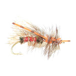Three Kaufmann's Royal Crystal Stimulator dry flies with rubber legs in size 8 for trout fishing, featuring red crystal bodies.
