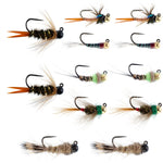 Assortment of 12 tungsten bead trout wet flies from The Fly Fishing Place, sizes 12, 14, and 16, Czech nymph collection.