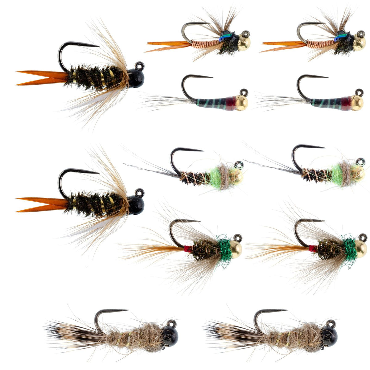 Assortment of 12 tungsten bead trout wet flies from The Fly Fishing Place, sizes 12, 14, and 16, Czech nymph collection.