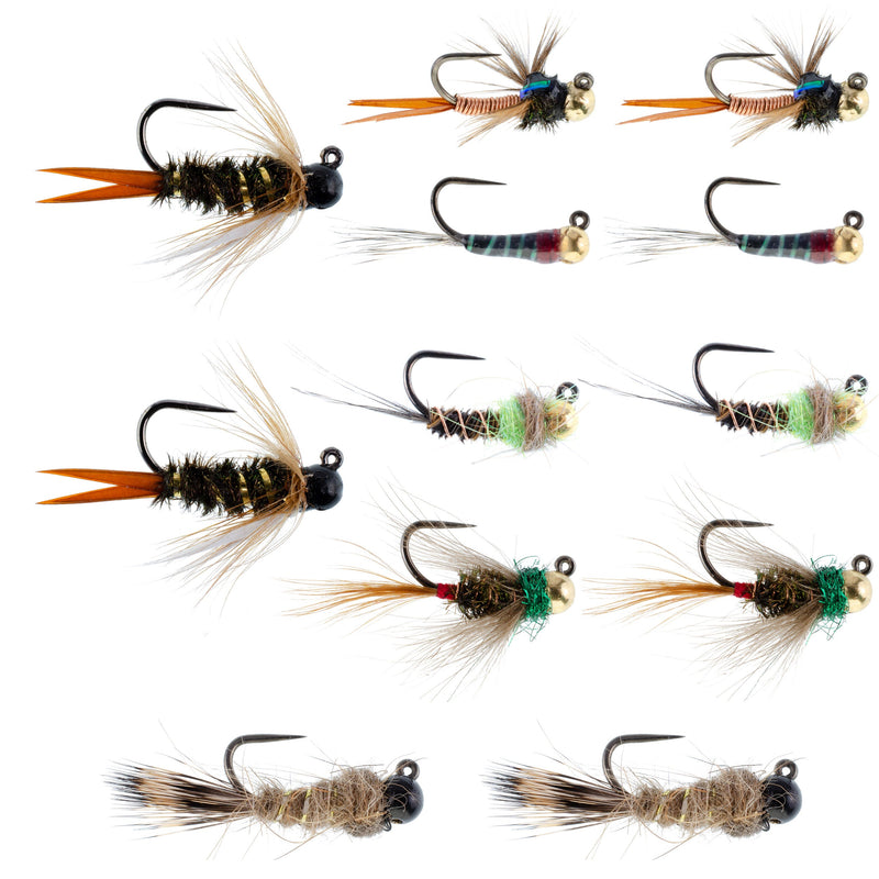 Assortment of 12 tungsten bead trout wet flies from The Fly Fishing Place, sizes 12, 14, and 16, Czech nymph collection.