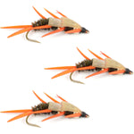 Set of three double bead peacock stonefly nymphs with amber biot legs for trout and bass fly fishing, hook size 10.