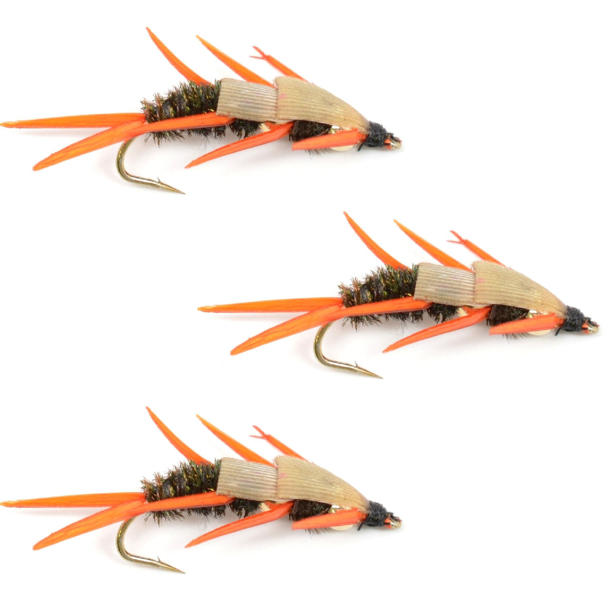 Three orange and brown fly fishing lures on a white background