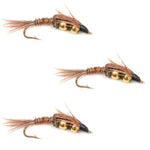 Three trout wet flies with double bead pheasant tail nymph hooks in size 14 for fly fishing, featuring realistic insect patterns.