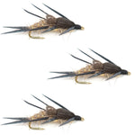 Set of three black and gold ribbed hare's ear nymph wet flies for trout fishing, with hooks size 10.