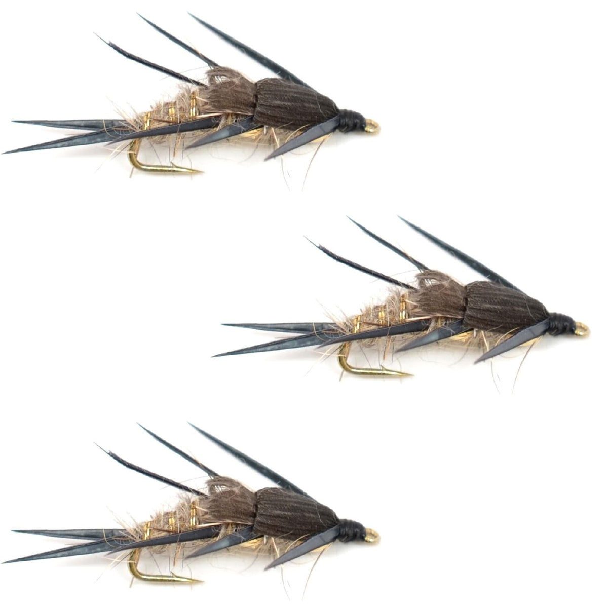 Set of three black and gold ribbed hare's ear nymph wet flies for trout fishing, size 12 with double bead biot legs.