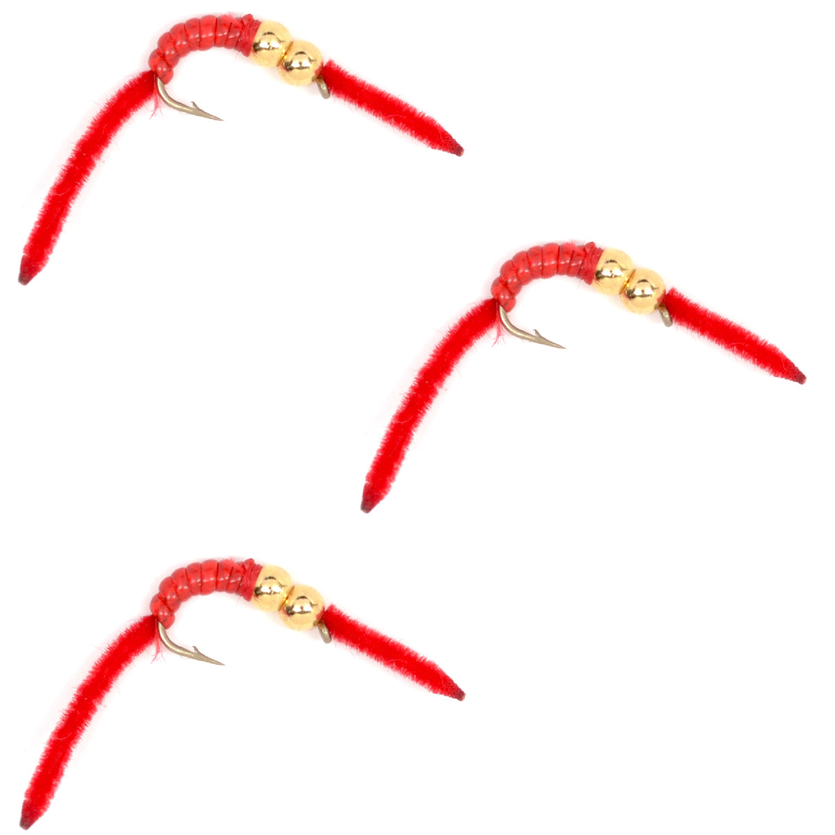 Three San Juan Double Bead Power Worm trout wet flies in red V-rib, size 10 hooks, designed for fly fishing.