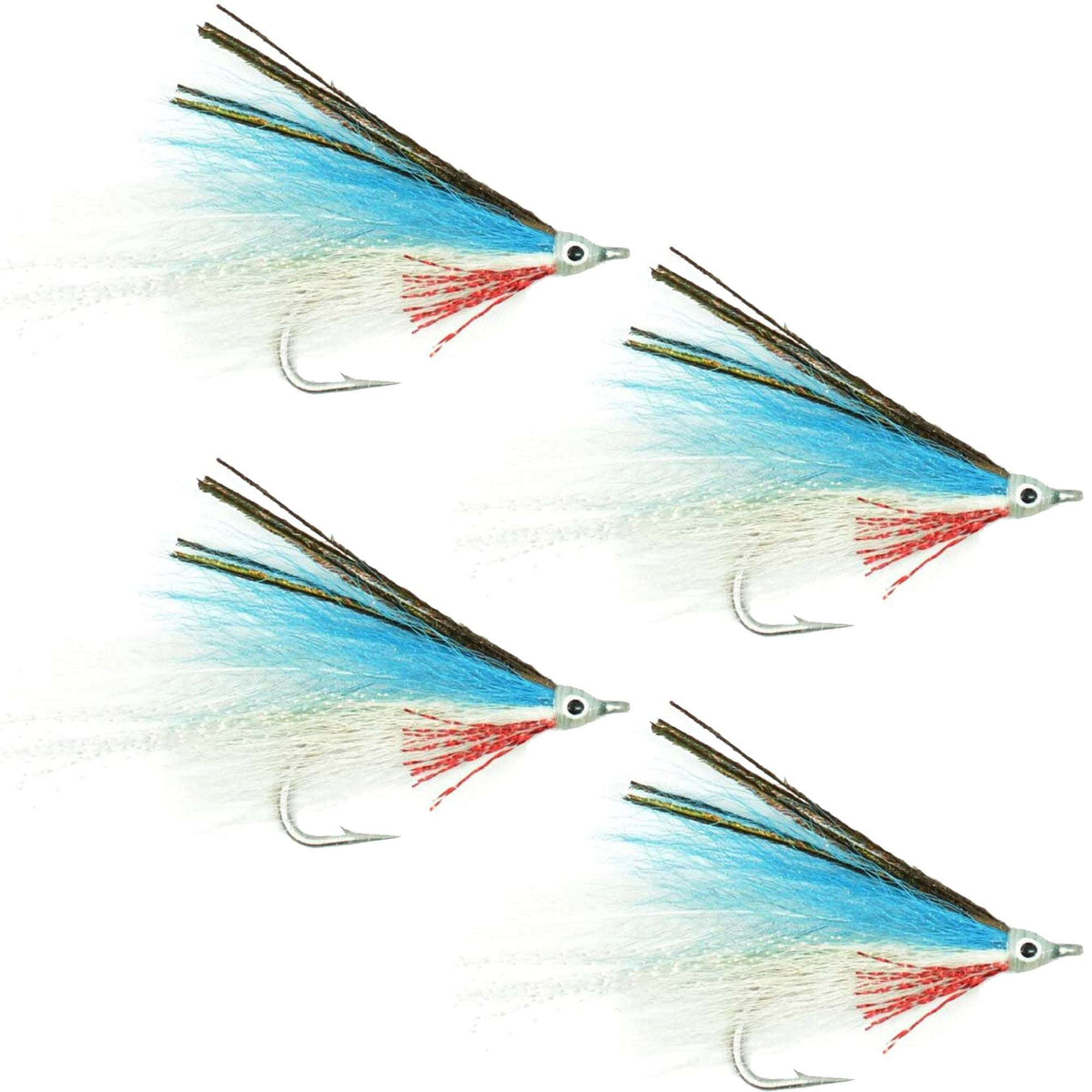Set of four Lefty's Deceiver saltwater streamer flies in blue and white, size 1/0 hooks for saltwater fishing.