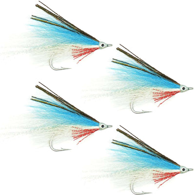 Set of four Lefty's Deceiver saltwater streamer flies in blue and white, size 1/0 hooks for saltwater fishing.