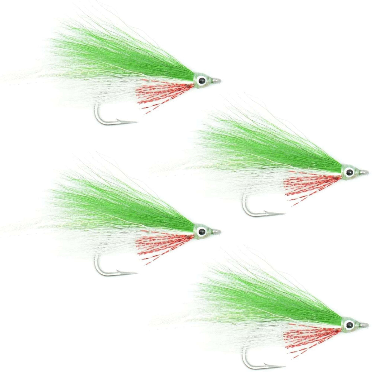 Set of four Lefty's Deceiver saltwater streamer flies in green, white, and red with size 1/0 hooks for fly fishing.