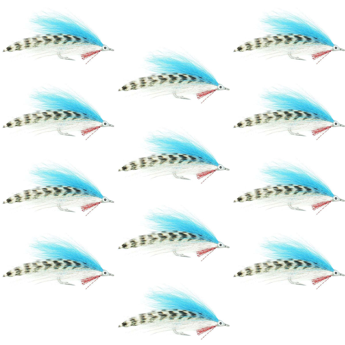 Set of 12 Lefty's Deceiver saltwater streamer flies in blue, white, and grizzly colors, size 1/0, designed for fly fishing.