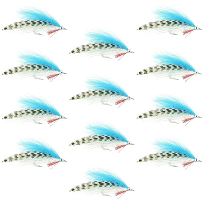 Set of 12 Lefty's Deceiver saltwater streamer flies in blue, white, and grizzly colors, size 1/0, designed for fly fishing.