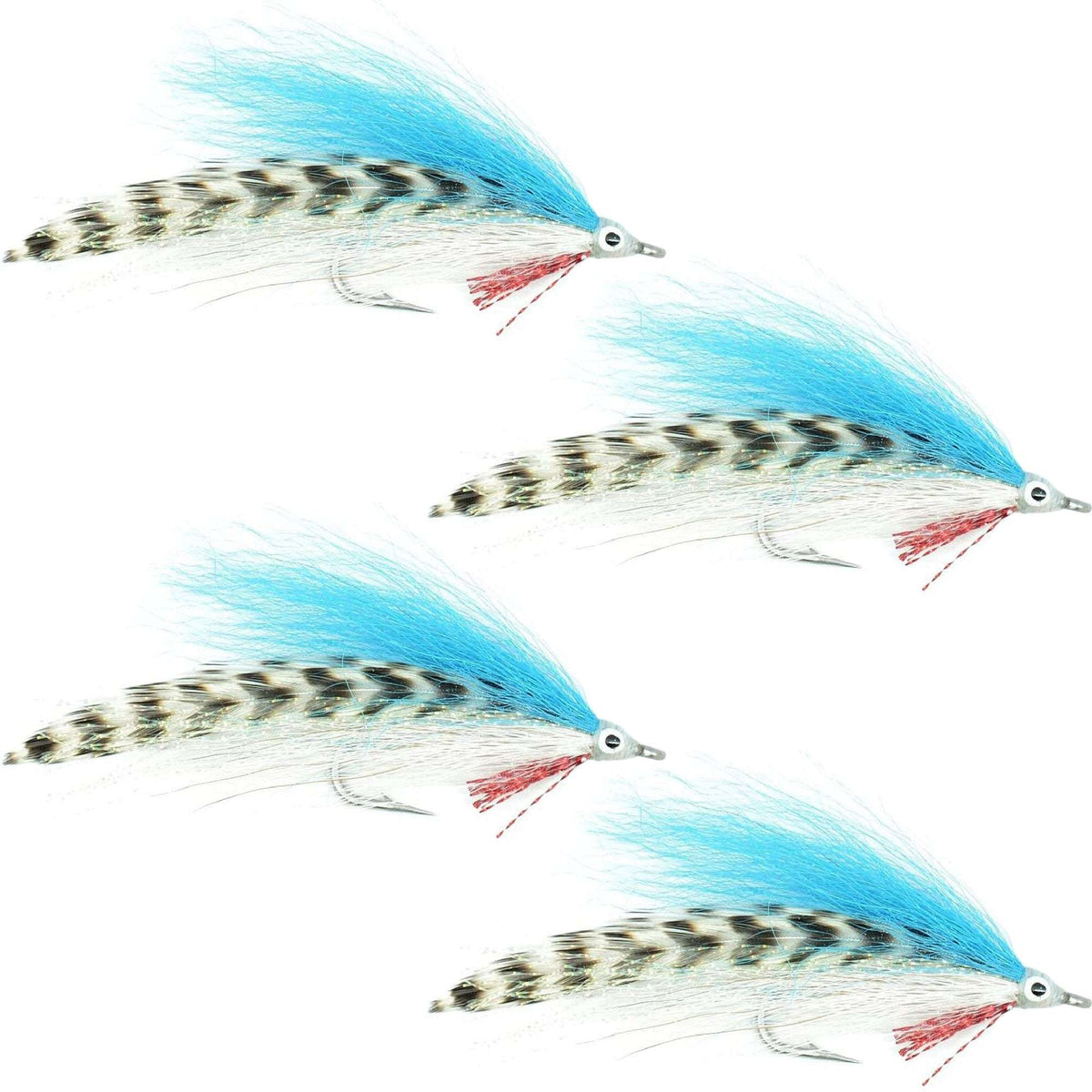 Set of four Lefty's Deceiver saltwater streamer flies in blue, white, and grizzly, size 1/0 for fly fishing.