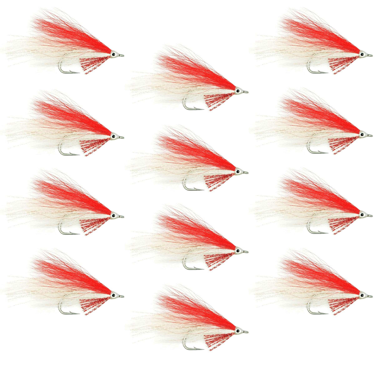 Lefty's Deceiver saltwater streamer fly in red and white, set of 12 size 1/0 hooks, suitable for saltwater fishing.