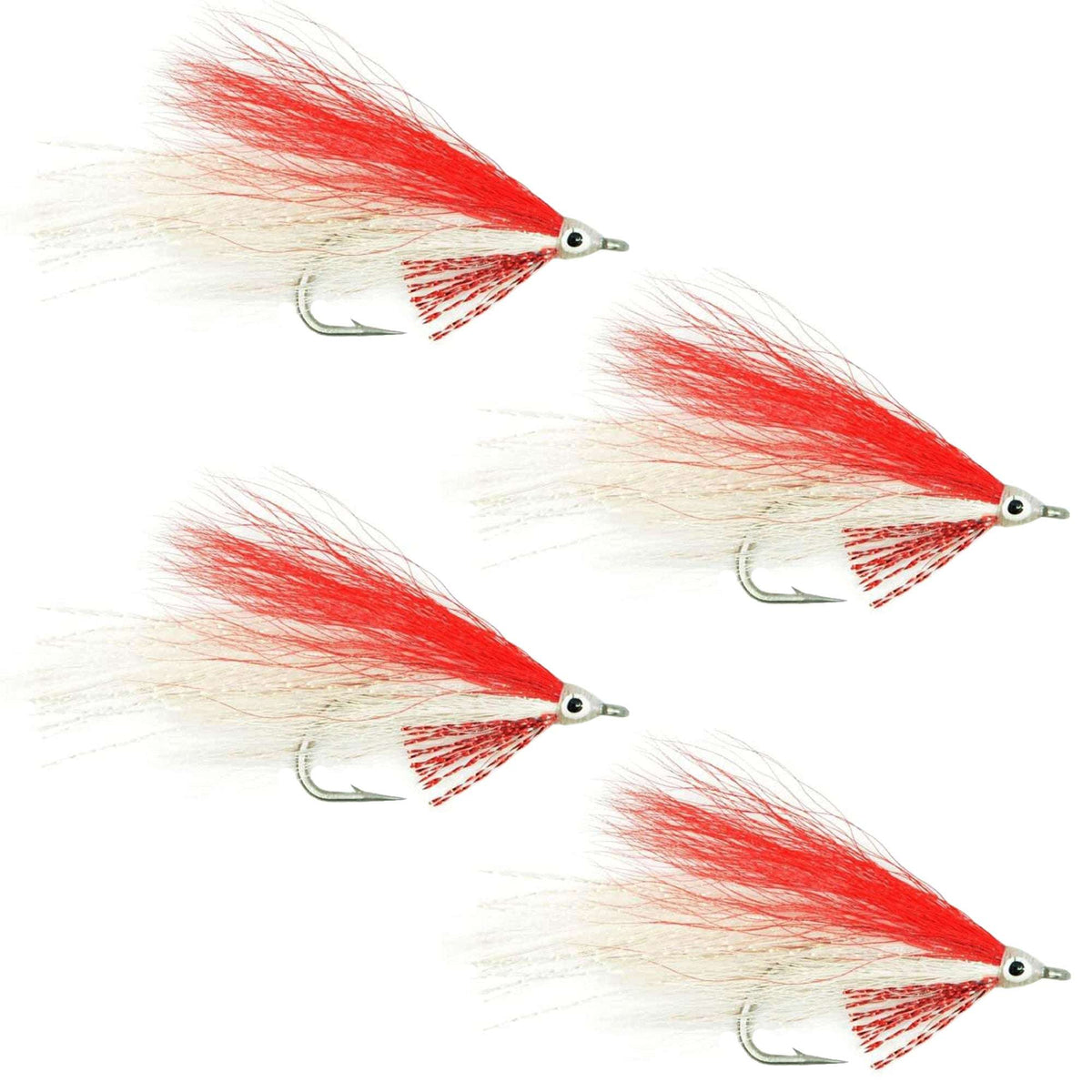Set of four Lefty's Deceiver saltwater streamer flies in red and white, size 1/0, for fly fishing.