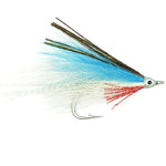 Lefty's Deceiver saltwater streamer fly in blue and white, size 1/0, shown with a detailed view of the hook and fly pattern.