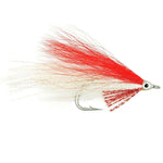 Lefty's Deceiver saltwater streamer fly in red and white, shown with hooks, ideal for saltwater fishing, 1 dozen size 1/0.