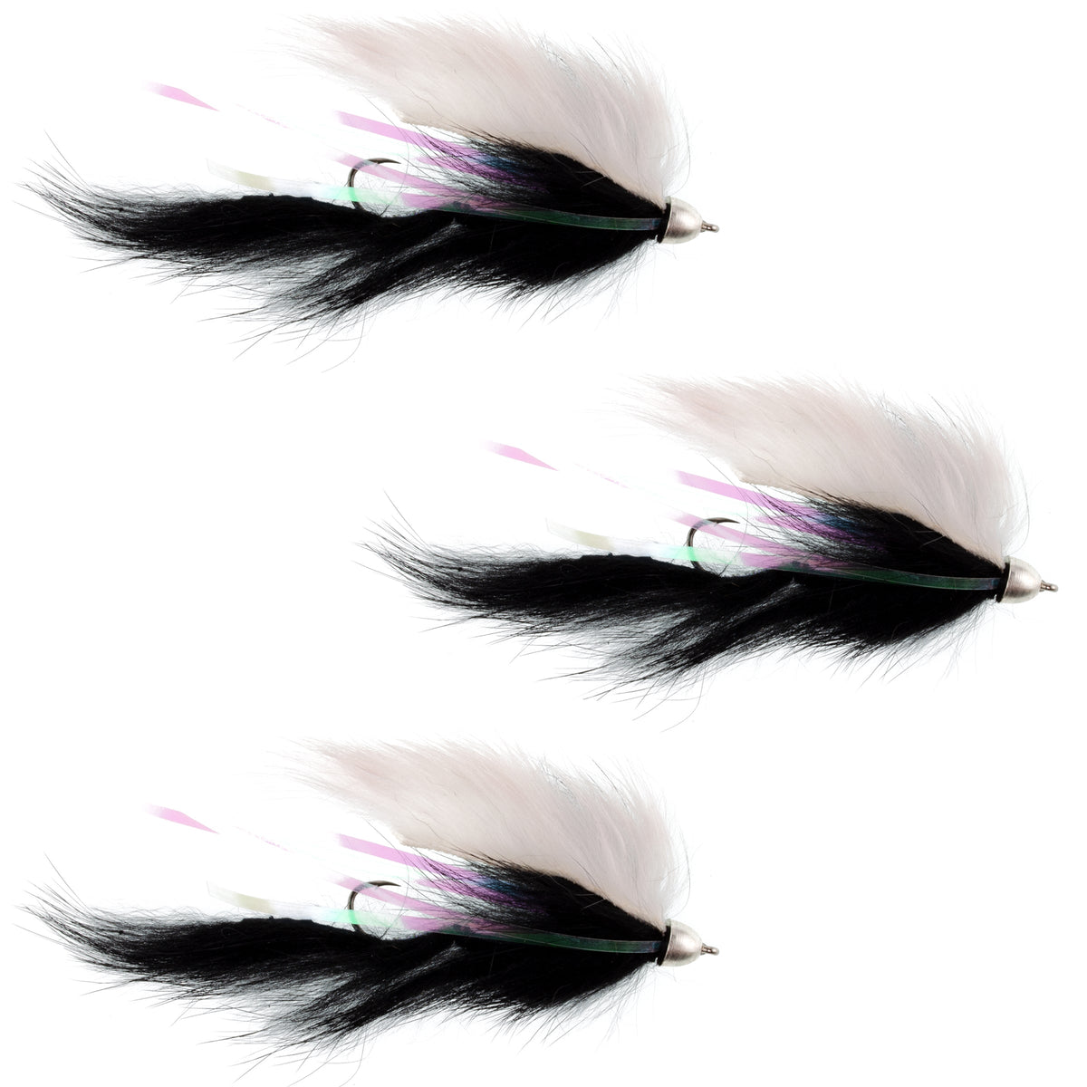 Set of three Dolly Llama Stinger streamer flies in black and white for trout fishing, size 4, from The Fly Fishing Place.