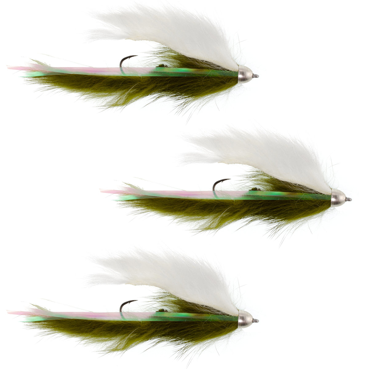 Set of three Dolly Llama Stinger Streamer Flies in olive and white, size 4, designed for trout fishing.