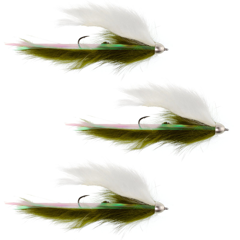 Set of three Dolly Llama Stinger Streamer Flies in olive and white, size 4, designed for trout fishing.