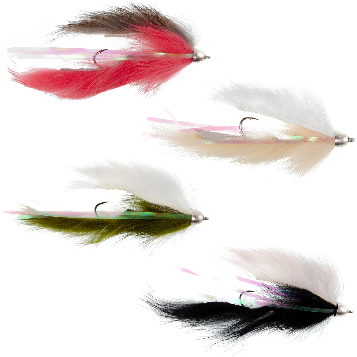 Dolly Llama Stinger Streamer Fly collection with four colorful trout wet flies, size 4 for fly fishing.