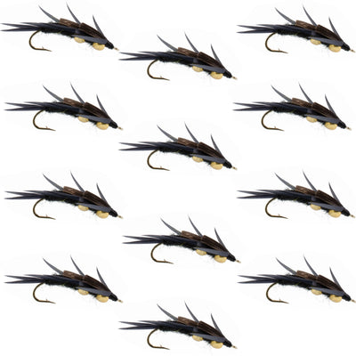 Set of 12 black stonefly wet flies with double bead and biot legs, size 10, designed for trout fishing, by The Fly Fishing Place.