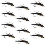 Set of 12 black stonefly wet flies with double beads, black biot legs, trout fishing flies, hook size 12 for fly fishing.