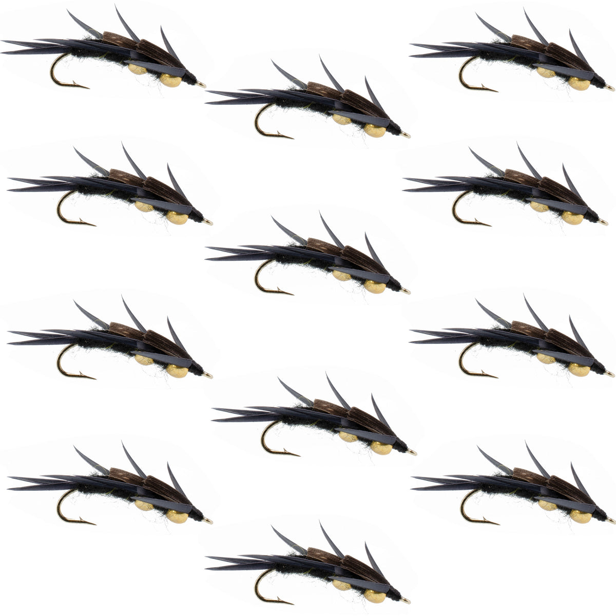 Set of 12 black stonefly wet flies with double beads, black biot legs, trout fishing flies, hook size 12 for fly fishing.