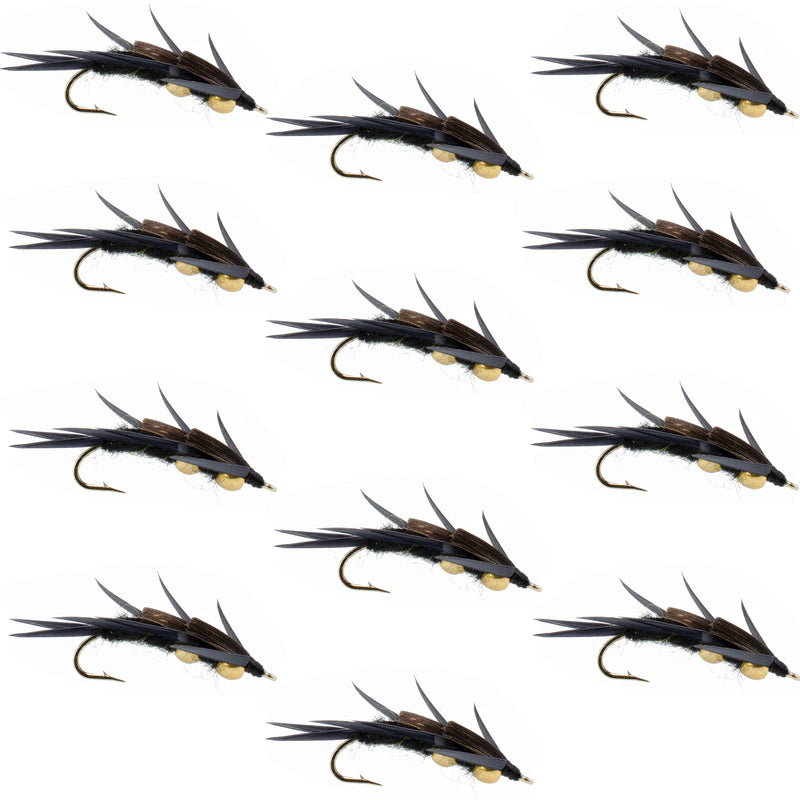 Set of 12 black stonefly wet flies with double beads, black biot legs, trout fishing flies, hook size 12 for fly fishing.