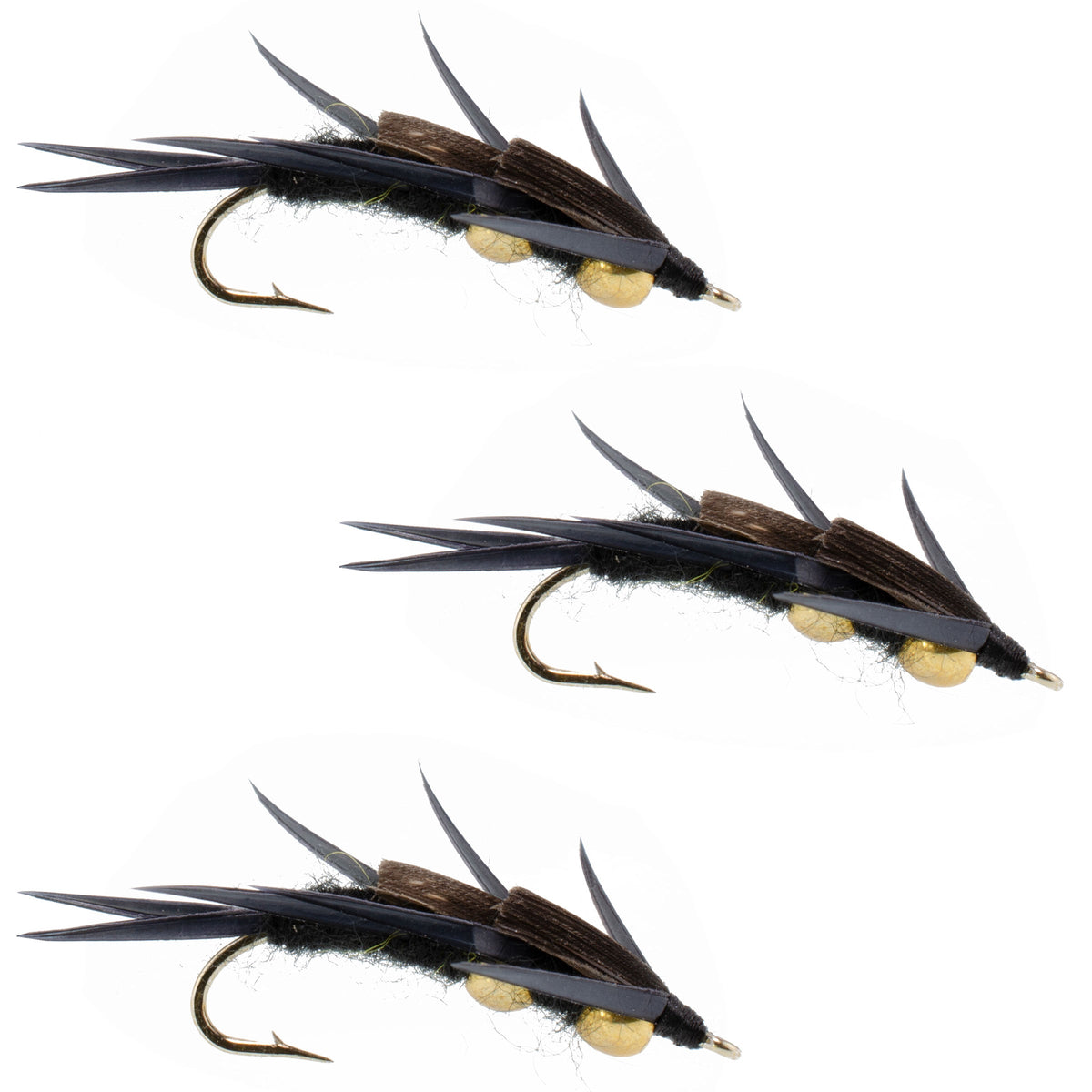 Set of 3 black stonefly wet fishing flies with double beads and biot legs, size 10, designed for trout fishing.