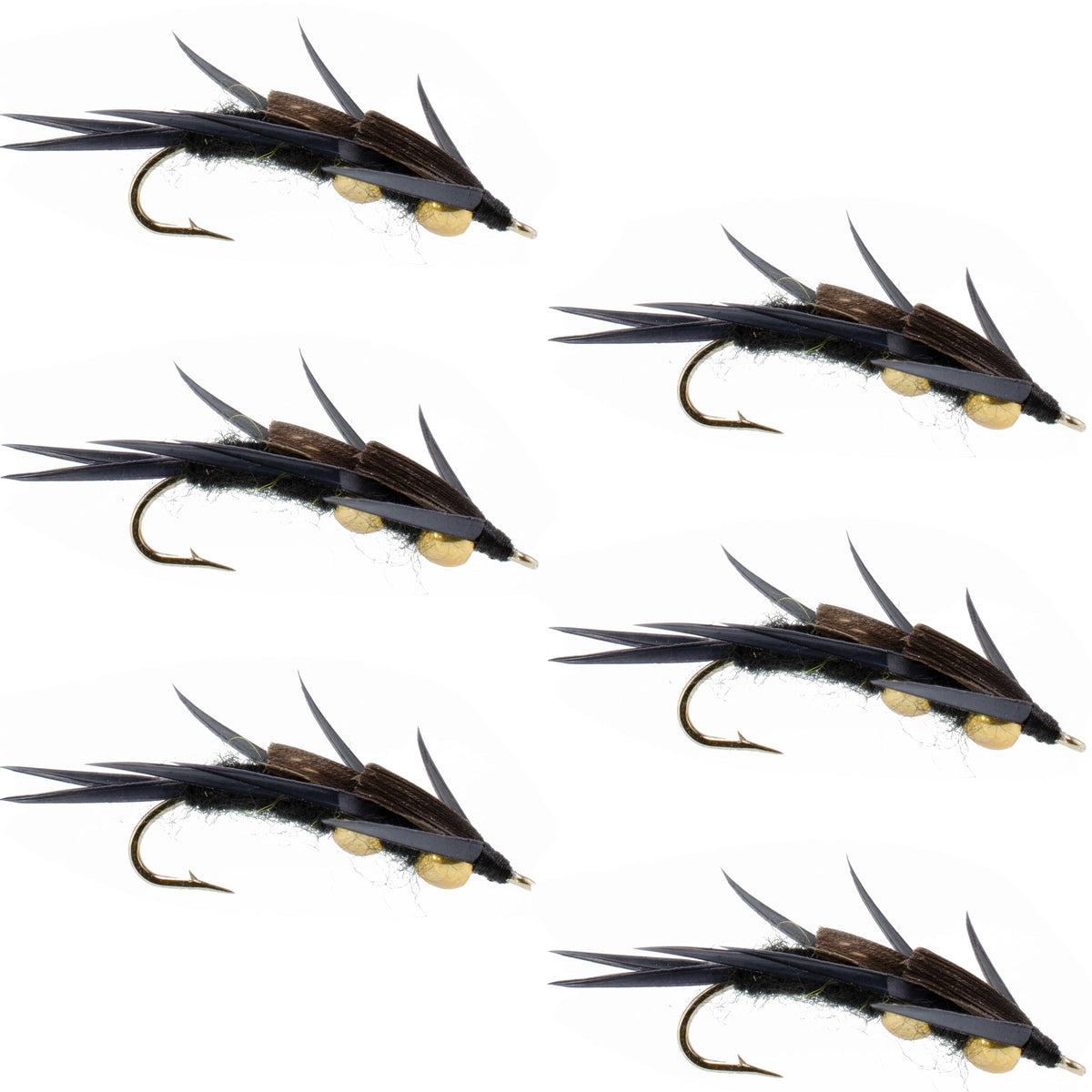Set of 6 black stonefly wet flies with double bead, black biot legs, suitable for trout fishing, hook size 6.