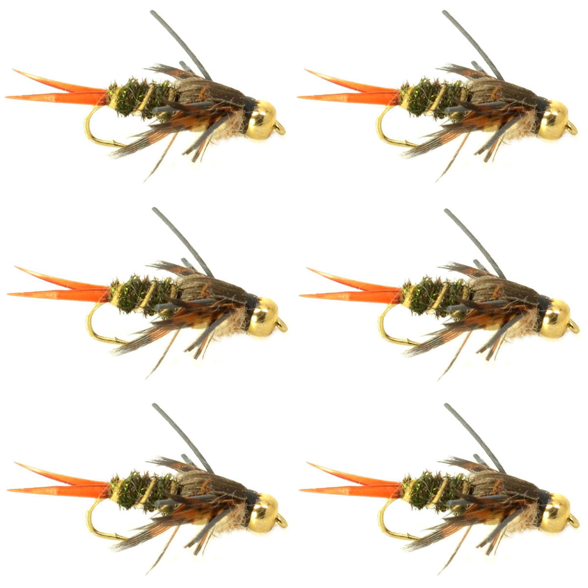 Six Double Bead Twenty Incher Nymph Trout Flies with hooks size 12, designed for fly fishing by The Fly Fishing Place.