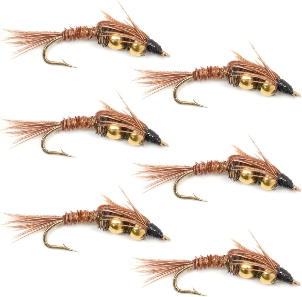 Six trout wet flies featuring double bead pheasant tail nymphs on size 12 hooks for fly fishing.
