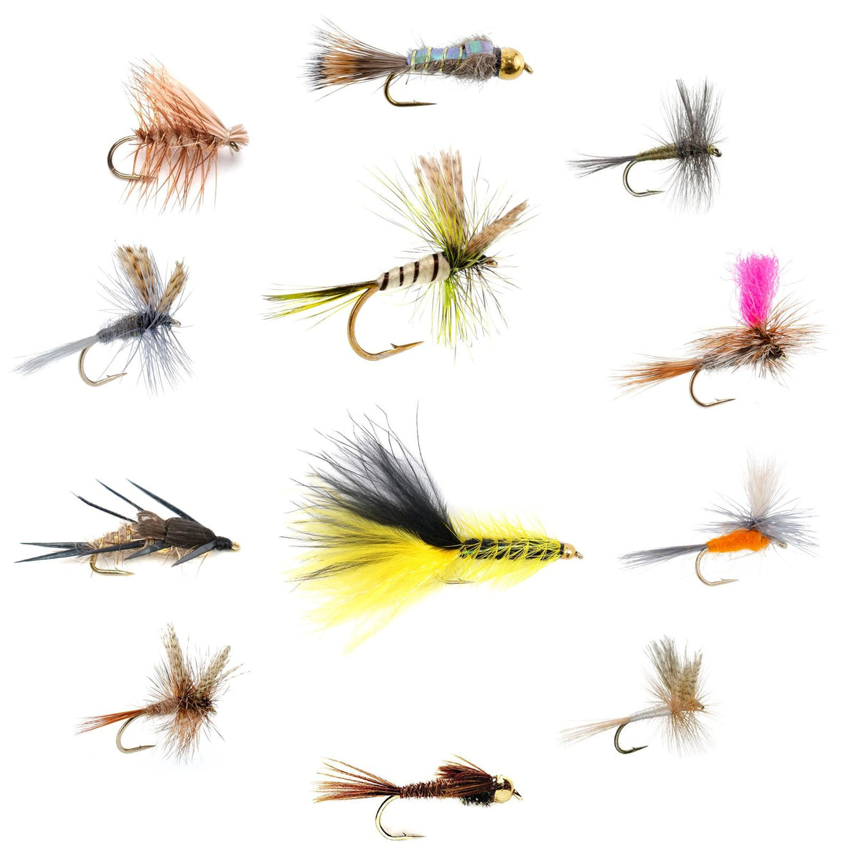 Eastern Trout Fly Assortment featuring 12 essential trout fishing flies from The Fly Fishing Place, displayed on a fishing ta