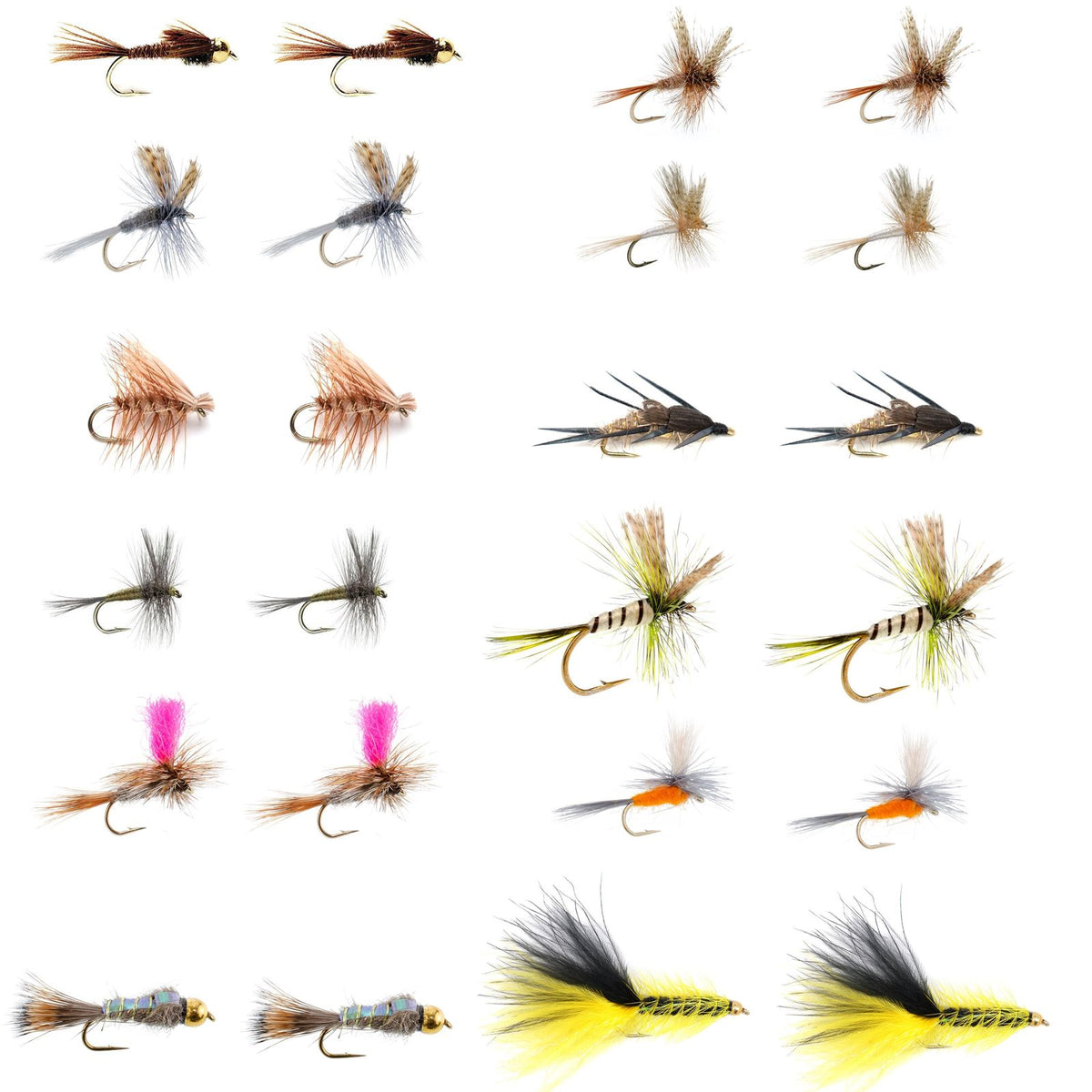 Eastern Trout fly assortment with 24 essential fishing flies for trout fishing, featuring various fly patterns and colors.