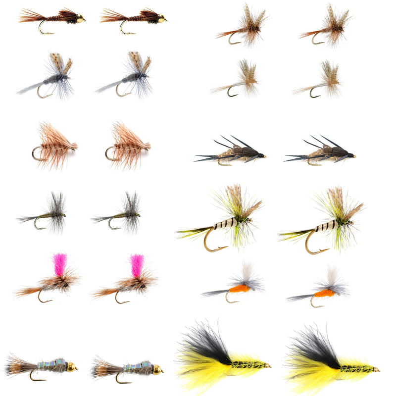 Eastern Trout fly assortment with 24 essential fishing flies for trout fishing, featuring various fly patterns and colors.