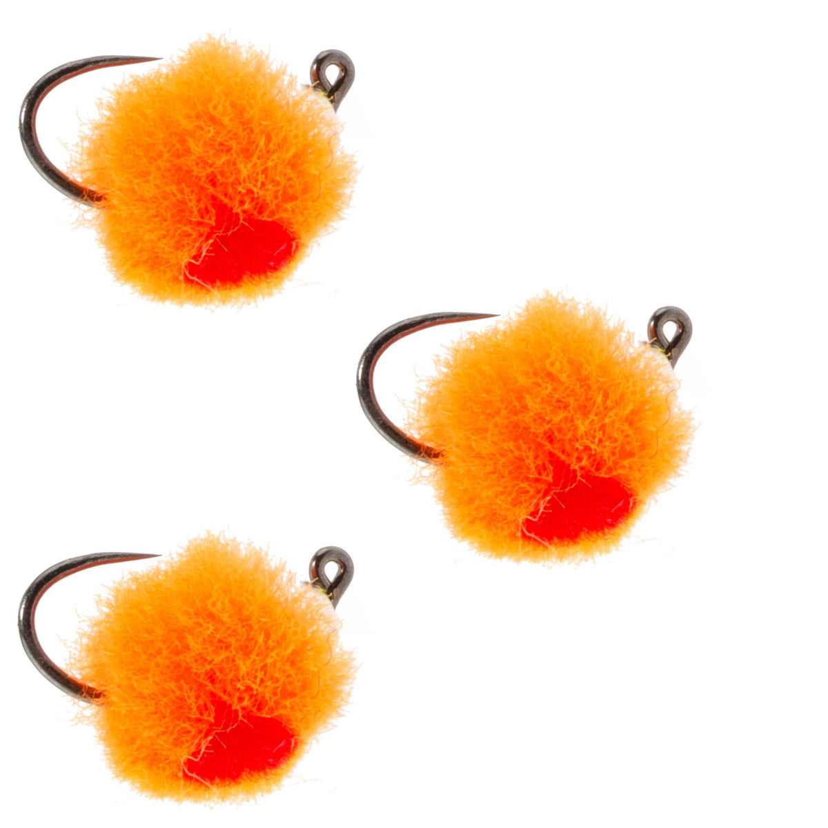 Set of three tungsten bead tactical Euro hot orange jig egg nymph flies for trout fishing, size 14, featuring red spots and barbless hooks.