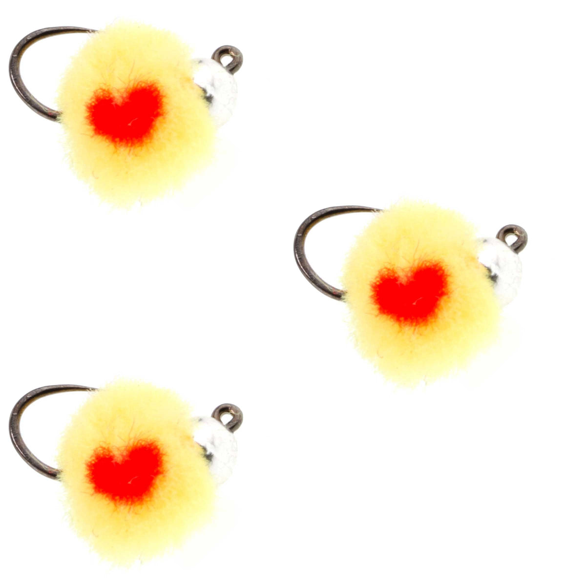 Set of 3 tungsten bead Euro nymph fishing flies, size 14, with red spots, designed for trout wet fly fishing.
