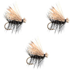 Three black elk hair Caddis dry flies in size 16 for trout fishing, from The Fly Fishing Place.