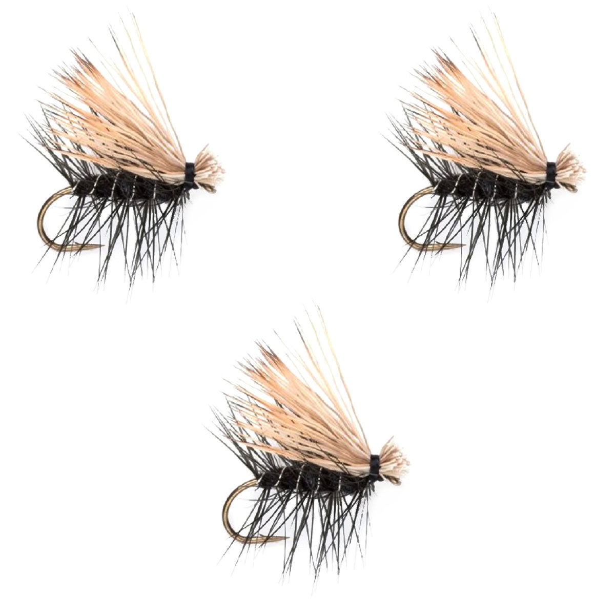 Three black elk hair Caddis dry flies in size 16 for trout fishing, from The Fly Fishing Place.