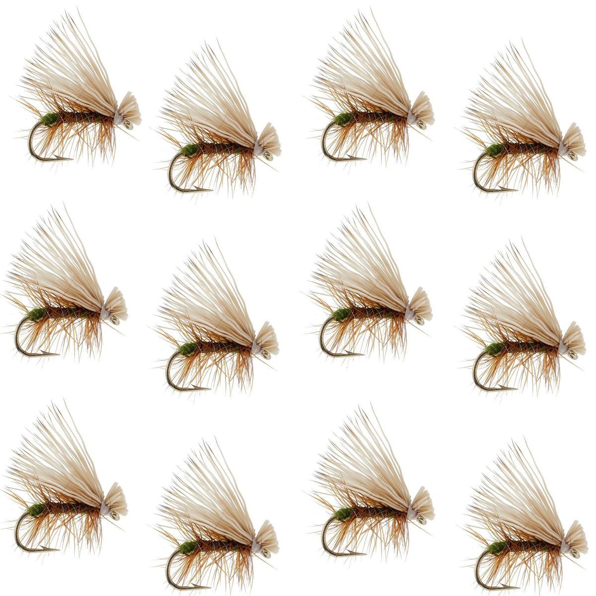 Set of 12 Olive Elk Hair Caddis trout dry flies by The Fly Fishing Place, size 12, featuring realistic elk hair and detailed