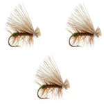 Three olive Elk Hair Caddis dry flies for trout fishing, hook size 16, by The Fly Fishing Place, showcasing detailed fly patterns.