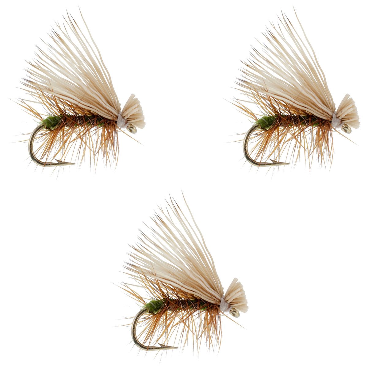 Three olive Elk Hair Caddis dry flies for trout fishing, hook size 16, by The Fly Fishing Place, showcasing detailed fly patterns.