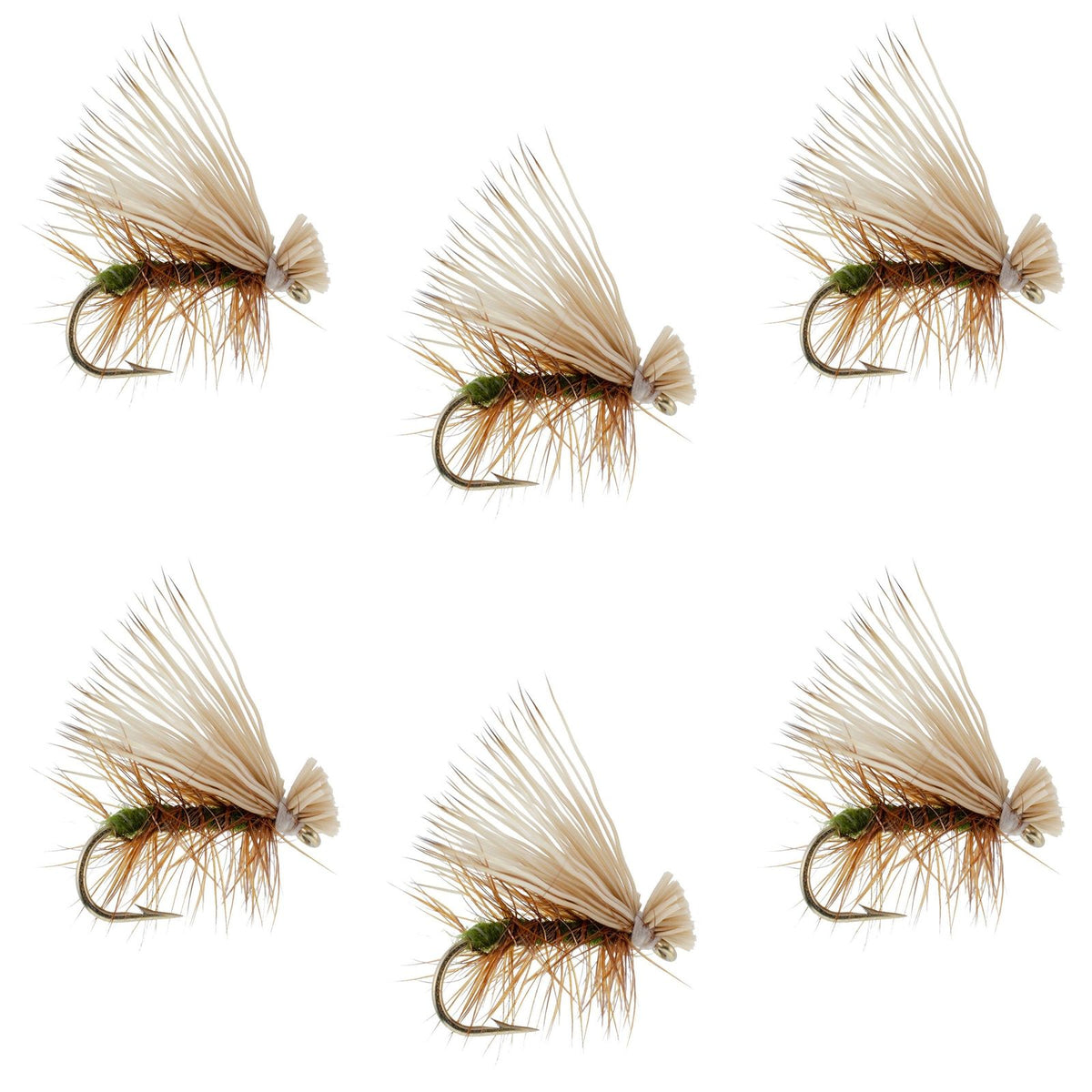 Set of 6 Olive Elk Hair Caddis dry flies for trout fishing, size 14, featuring realistic elk hair and classic dry fly design.