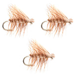Set of three tan elk hair Caddis dry flies for trout fishing, size 12, by The Fly Fishing Place.