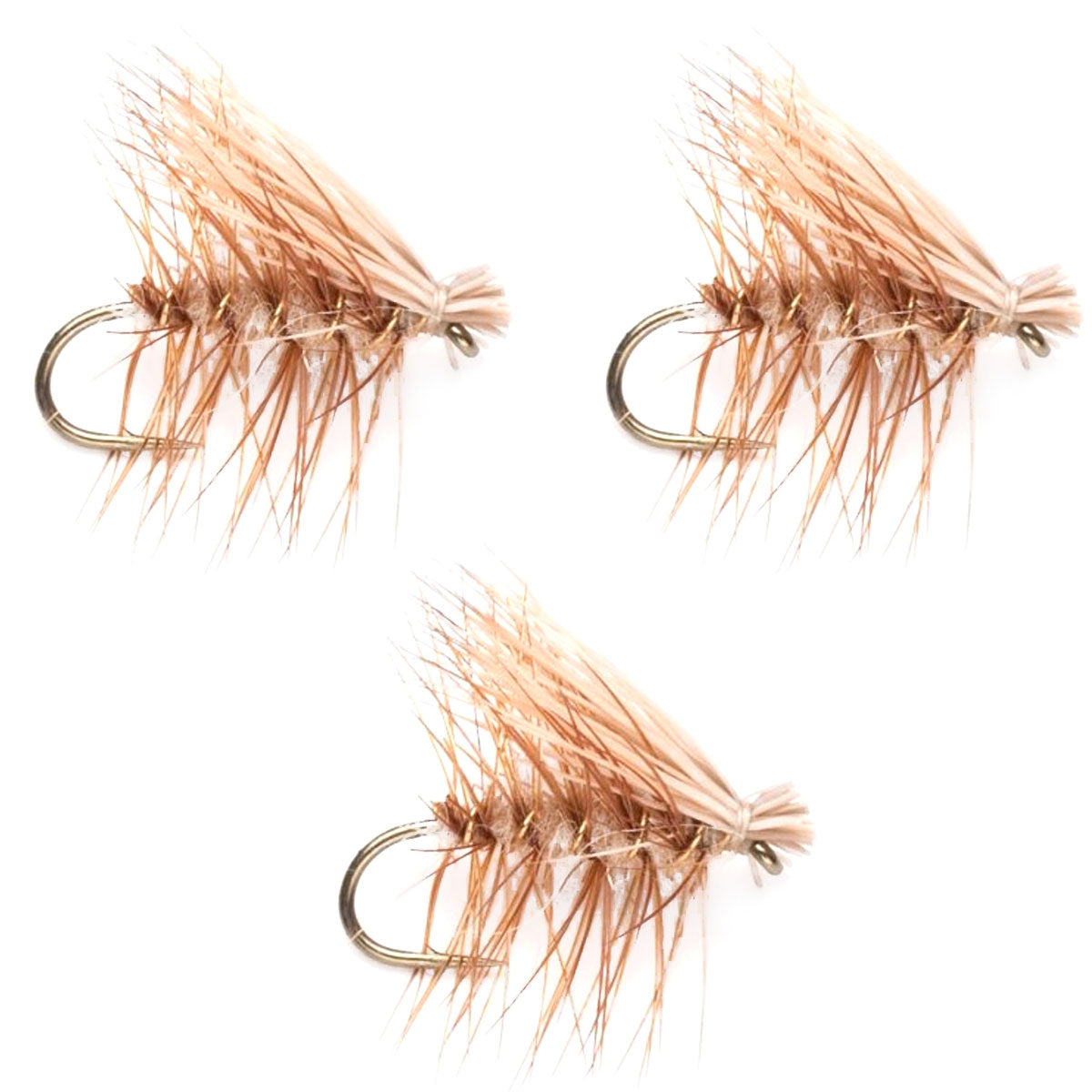 Set of three tan elk hair Caddis dry flies for trout fishing, size 12, by The Fly Fishing Place.