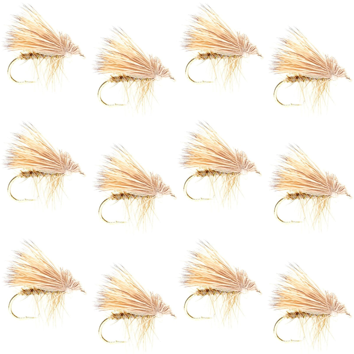Set of 12 yellow elk hair caddis dry flies for trout fishing, size 18, by The Fly Fishing Place.