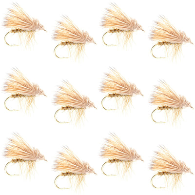 Set of 12 yellow elk hair caddis dry flies for trout fishing, size 18, by The Fly Fishing Place.