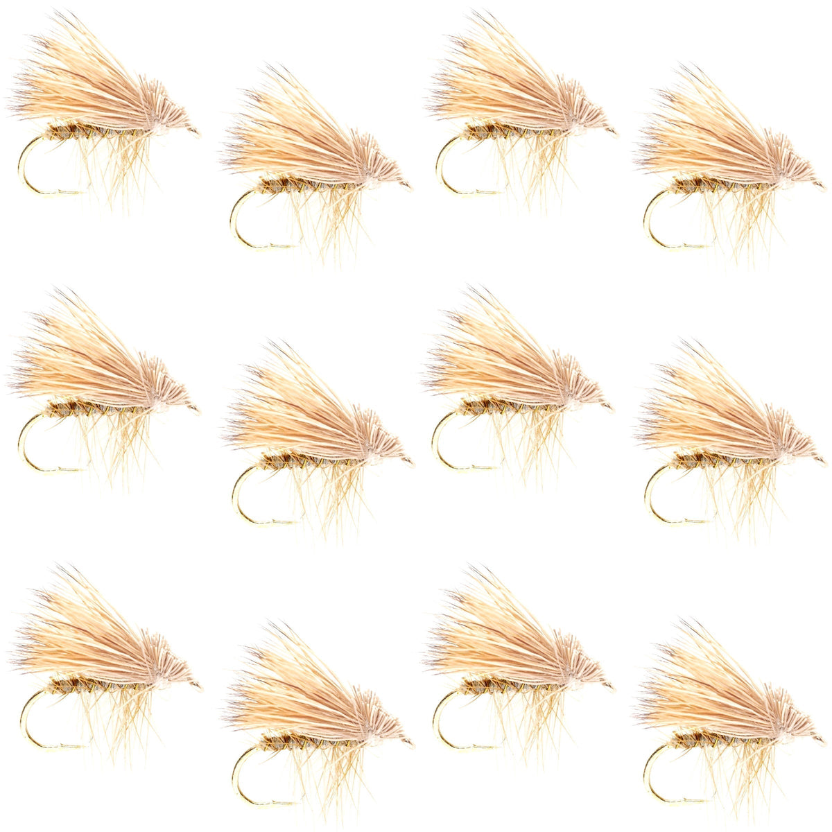 Set of 12 yellow Elk Hair Caddis dry flies for trout fishing, size 12, by The Fly Fishing Place.